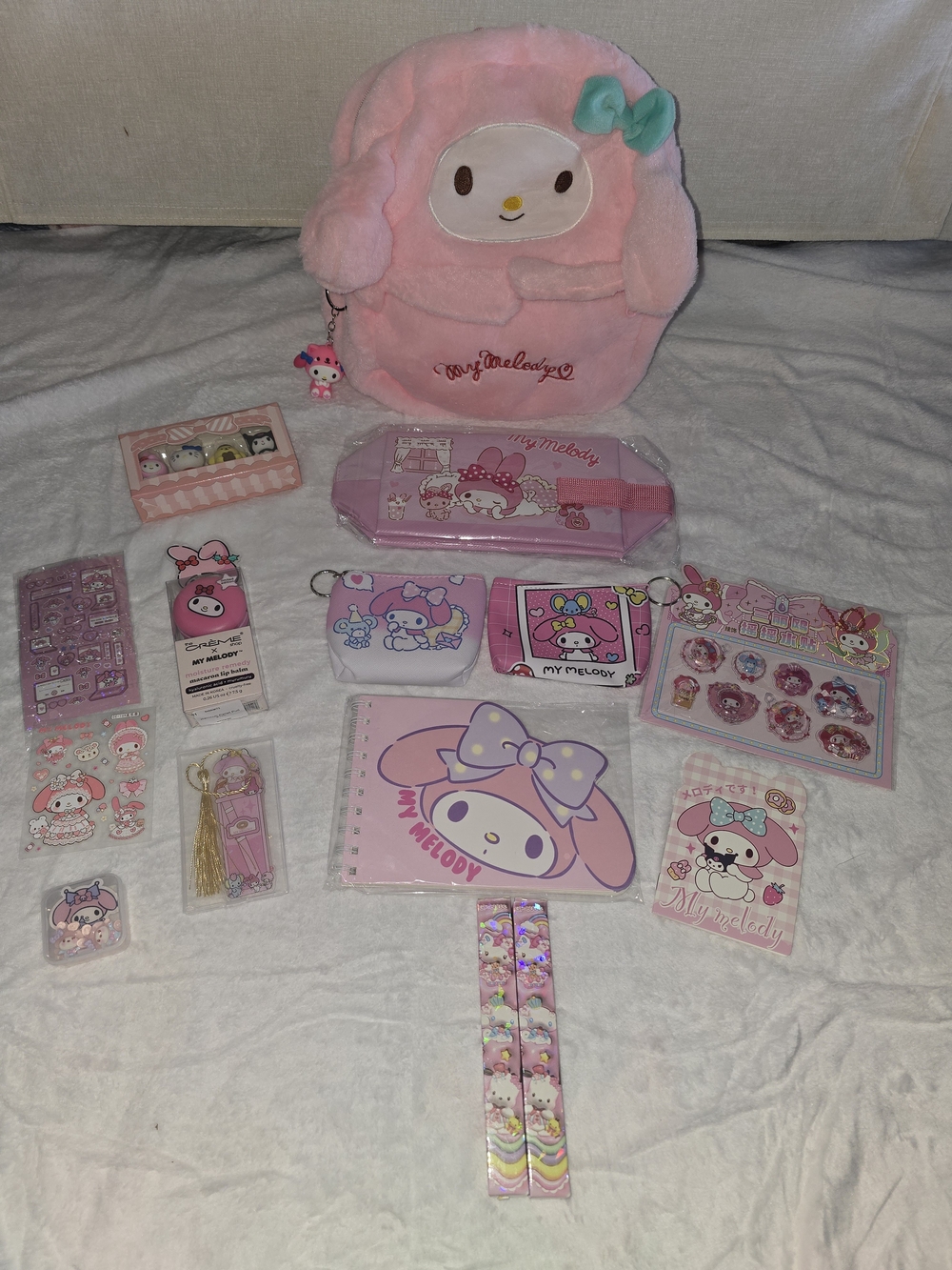 Sanrio My Melody 20 Piece Bundle: Plush Backpack Blind Box Pens Stickers